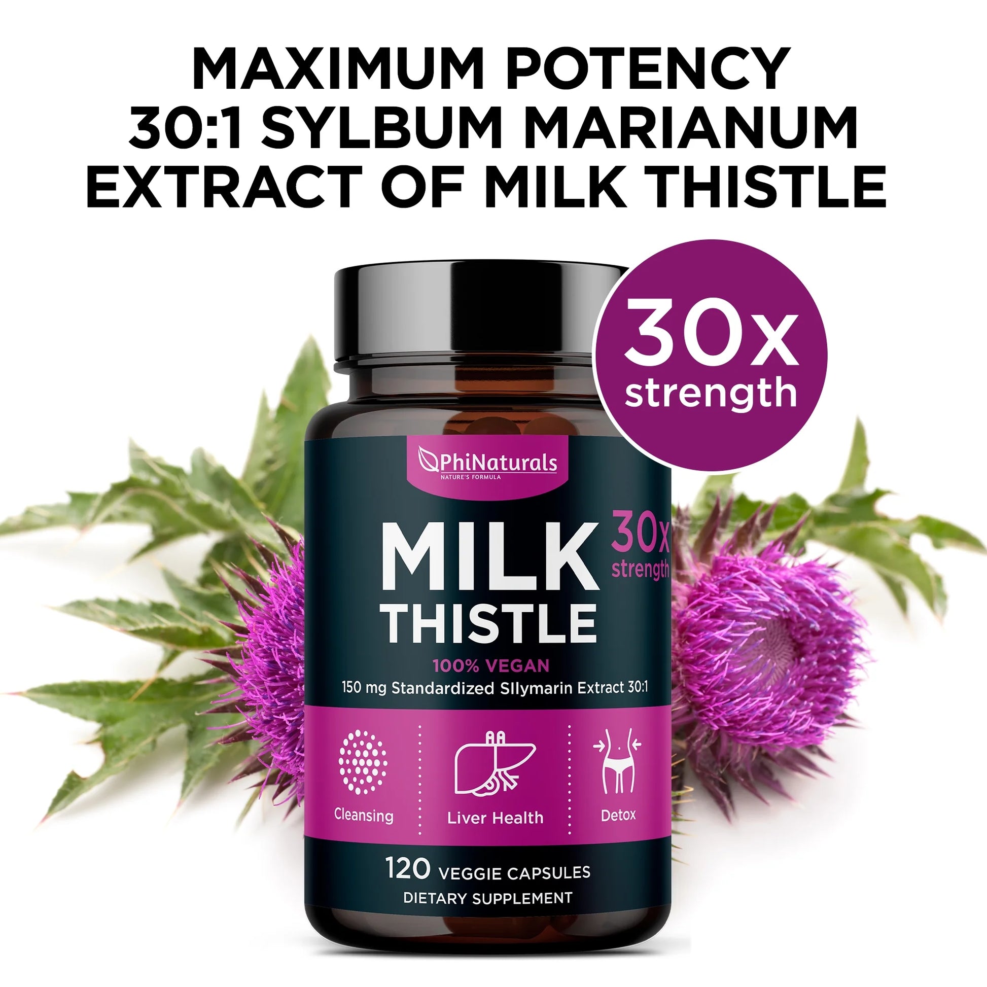 Milk Thistle Silymarin 30X Extract Supplement (Standardized 30:1) by  | 150 Mg per Capsule - 120 Capsules | Supports Liver Cleanse, Detox and More