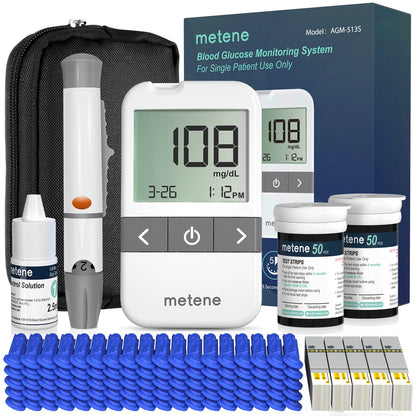 AGM-513S Blood Glucose Monitor Kit, 100 Glucometer Strips, 100 Lancets, 1 Blood Sugar Monitor, 1 Control Solution, Lancing Device and Carrying Bag, No Coding