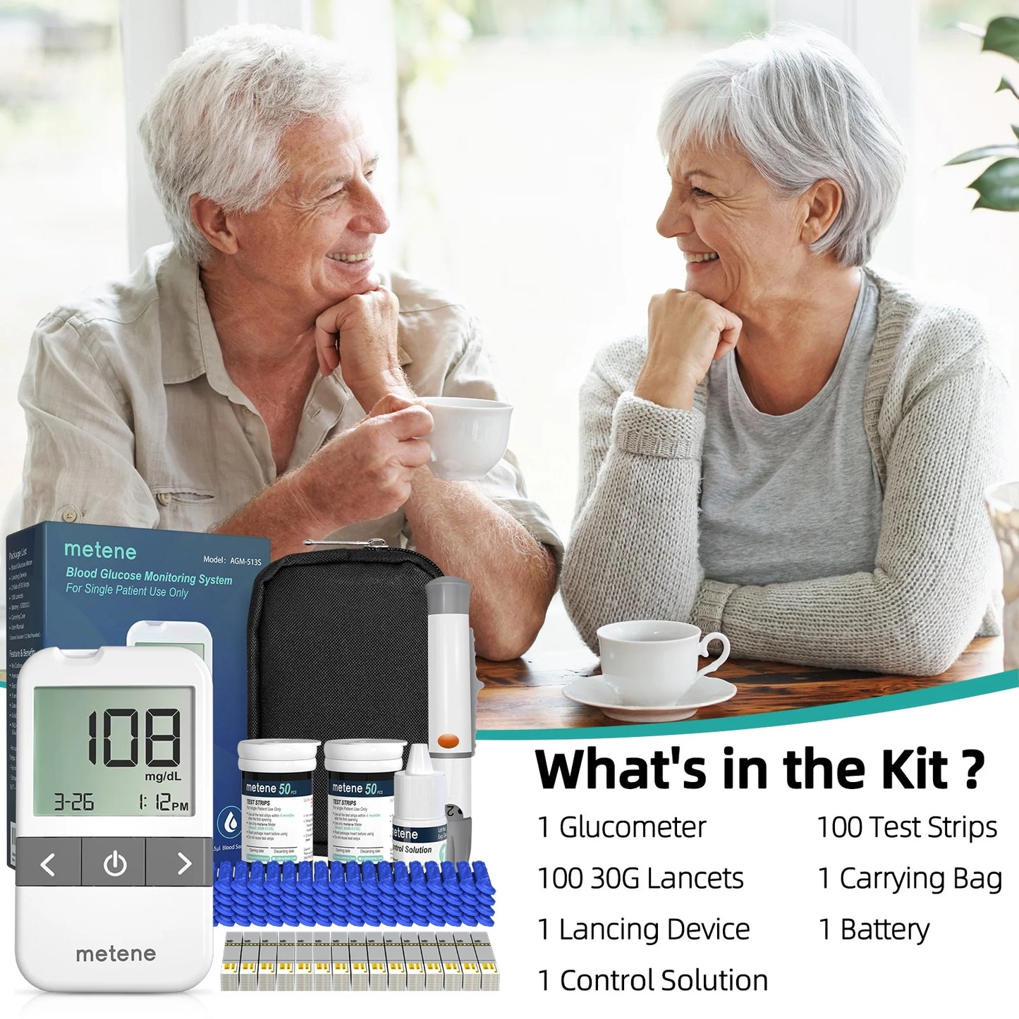 AGM-513S Blood Glucose Monitor Kit, 100 Glucometer Strips, 100 Lancets, 1 Blood Sugar Monitor, 1 Control Solution, Lancing Device and Carrying Bag, No Coding